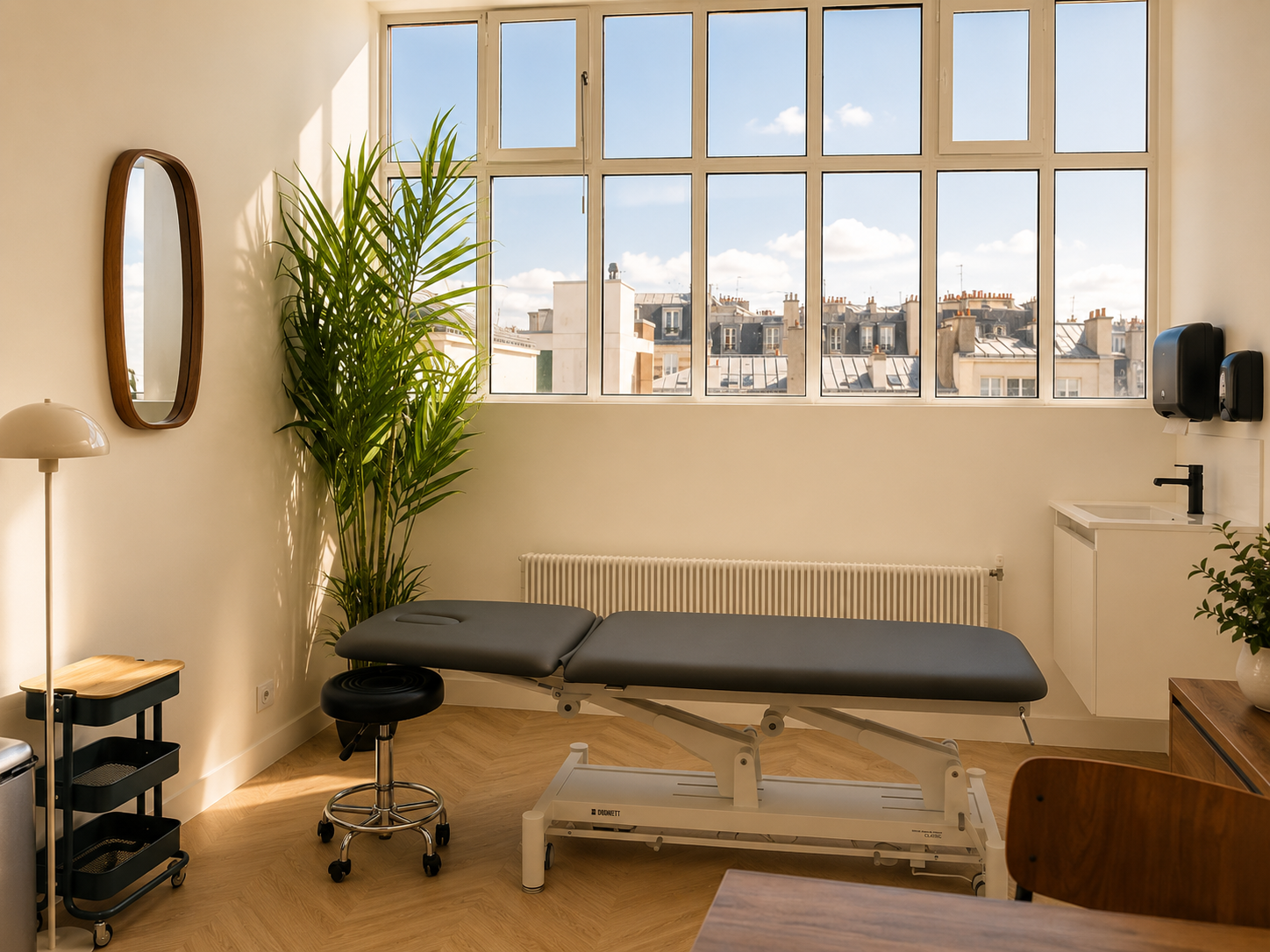 Cabinet d'ostéopathie à Paris 11 — grandes fenêtres atelier et vue sur les toits